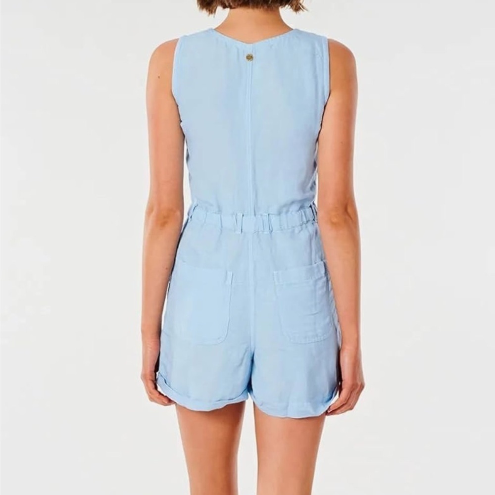 [L]Rip Curl Panoma Linen Blend Romper Light Blue Sleeveless Button rolled Hem - Picture 2 of 11